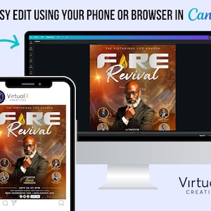 Peut inclure: Une conception num&eacute;rique affich&eacute;e sur un smartphone et un &eacute;cran d'ordinateur. La conception pr&eacute;sente le texte "FIRE Revival" avec une image d'un homme. La conception est pour "The Victorious Life Church" et est facile &agrave; modifier avec Canva.