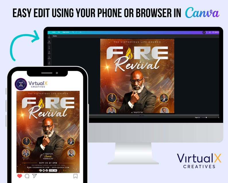 Peut inclure: Une conception num&eacute;rique affich&eacute;e sur un smartphone et un &eacute;cran d'ordinateur. La conception pr&eacute;sente le texte "FIRE Revival" avec une image d'un homme. La conception est pour "The Victorious Life Church" et est facile &agrave; modifier avec Canva.