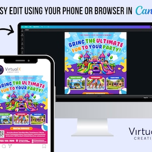 Plantilla de folleto para alquiler de castillos hinchables, fiestas infantiles, anuncios de alquiler de inflables, toboganes acuáticos, alquiler de carpas, sillas y mesas, marketing para fiestas de saltos en Canva imagen 2