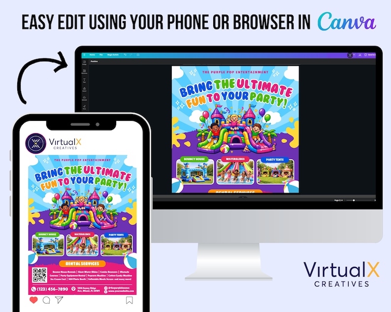 Plantilla de folleto para alquiler de castillos hinchables, fiestas infantiles, anuncios de alquiler de inflables, toboganes acuáticos, alquiler de carpas, sillas y mesas, marketing para fiestas de saltos en Canva imagen 2