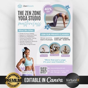 Flyer för yogaklass, flygblad för yogastudio, flygblad för yogainstruktör, flygblad för meditation, mall för yogafitness-mästarklass, andligt välbefinnande, Canva bild 1