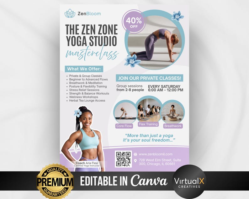 Flyer för yogaklass, flygblad för yogastudio, flygblad för yogainstruktör, flygblad för meditation, mall för yogafitness-mästarklass, andligt välbefinnande, Canva bild 1