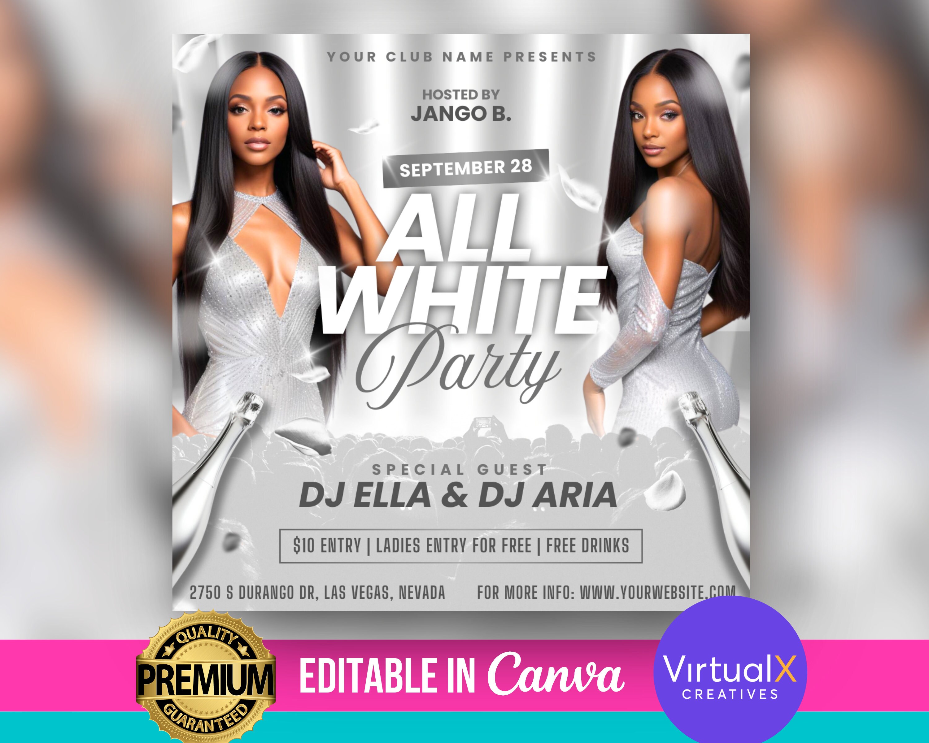 All White Club Party Flyer Template, DIY Event Flyer, All White Club DJ Party Invite for Social Media, Instagram, DIY Canva Template Design