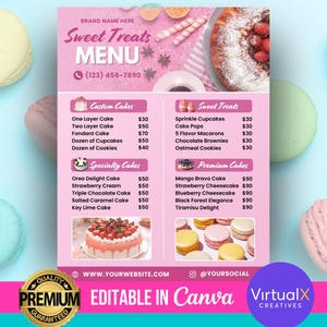Cennik menu piekarni, menu słodkich przysmaków, edytowalne menu do wydruku, menu deserów, biznes piekarniczy, ulotka sprzedaży wypieków, biznes cukierniczy DIY Canva