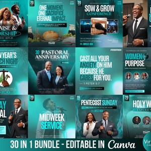 Puede incluir: Un conjunto de gráficos promocionales en color turquesa y blanco para eventos religiosos. Los diseños incluyen texto como "Praise & Worship", "Sunday Revival" y "Women of Purpose". El paquete es editable en Canva.