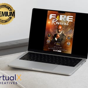 Peut inclure: Un ordinateur portable affiche un flyer promotionnel pour un &eacute;v&eacute;nement "FIRE Revival". Le flyer pr&eacute;sente un homme en costume, avec le titre de l'&eacute;v&eacute;nement en grand texte stylis&eacute;. L'ordinateur portable est sur une surface claire, avec un sceau dor&eacute; "Premium Guaranteed".