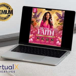 May include: A laptop displays a promotional graphic for a conference titled "Bloom in Faith." The graphic features a woman in a pink blazer holding a microphone, surrounded by floral arrangements. The laptop is on a white surface, with a gold "Premium Guaranteed" seal in the background.