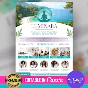 Op de afbeelding: Een flyer voor een wellness-retreat voor vrouwen genaamd Luminara. De flyer toont een strandscene met een vrouw die in een cirkel mediteert. De tekst op de flyer luidt "Elevate Your Wellness Journey in California" en bevat de data van 20 tot 22 september, 9:00 tot 16:00 uur. De flyer vermeldt ook de namen en titels van de instructeurs van de retraite.