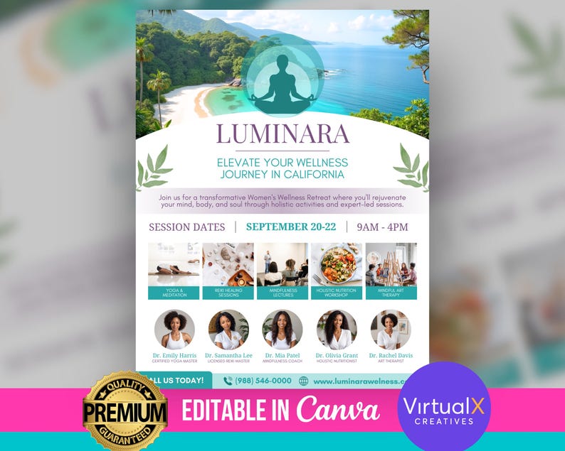 Op de afbeelding: Een flyer voor een wellness-retreat voor vrouwen genaamd Luminara. De flyer toont een strandscene met een vrouw die in een cirkel mediteert. De tekst op de flyer luidt "Elevate Your Wellness Journey in California" en bevat de data van 20 tot 22 september, 9:00 tot 16:00 uur. De flyer vermeldt ook de namen en titels van de instructeurs van de retraite.