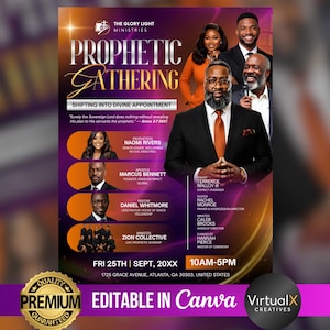 Könnte beinhalten: Ein Werbeplakat für das "Prophetic Gathering"-Event mit dem Thema "Shifting into Divine Appointment". Das Plakat zeigt Bilder von mehreren Personen und gibt das Datum des Events als Freitag, den 25. September 20XX, von 10 bis 17 Uhr an. Der Veranstaltungsort ist in Atlanta, GA.