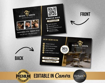 Könnte beinhalten: Schwarz-goldene Visitenkarte für den Friseursalon Suave Gents. Die Vorderseite zeigt die Kontaktdaten des Barbiers und einen QR-Code. Die Rückseite listet Dienstleistungen und 30% Rabatt auf. Die Karte enthält den Text "Traditional Cuts Modern Style".