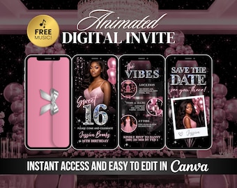 Sweet 16 Birthday Invitation, Luxury Glam Sweet Sixteen Party Invite, Animated Black Pink Celebration Video Evite