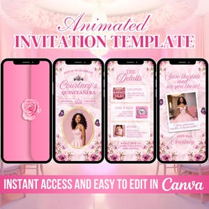 Quinceanera Birthday Invite, Pink Quinceanera Animated Invitation, Editable Quinceanera Bday Party Digital Video, DIY Canva E-vite, Sweet 16