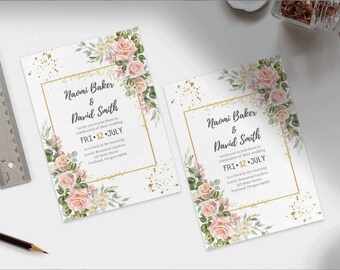May include: A wedding invitation with a gold frame and floral design. The invitation reads "Naomi Baker & David Smith invite you to join them in celebration of their wedding FRI 12 JULY 11 o'clock in the morning Lovely Botanical Gardens 123 Main Street Portland, Oregon 97210"