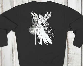May include: Black sweatshirt with a white graphic print of a winged female figure holding a sword. The figure is surrounded by circular designs and runes.