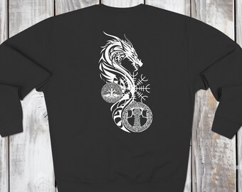 May include: Black sweatshirt with a white design of a dragon, a tree of life, and a symbol.