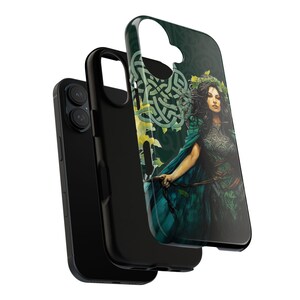 May include: A black phone case with a green and blue design featuring a woman with long dark hair and a green cloak. The design includes a Celtic knot and leaves.