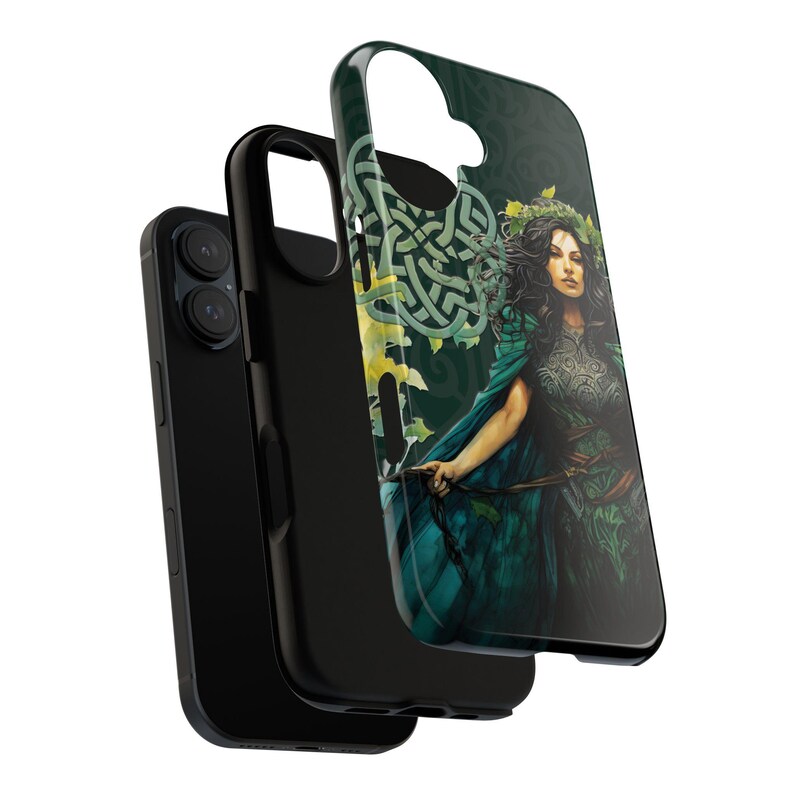 May include: A black phone case with a green and blue design featuring a woman with long dark hair and a green cloak. The design includes a Celtic knot and leaves.