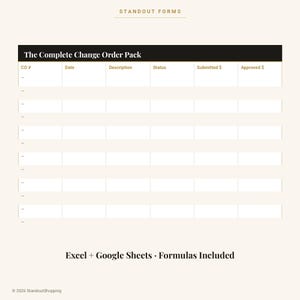 May include: A digital template titled The Complete Change Order Pack with columns for CO #, Date, Description, Status, Submitted $, and Approved $. The form includes rows for data entry and text at the bottom stating Excel + Google Sheets Formulas Included.