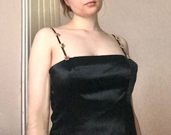 vintage 1990s jessica mcclintock rose straps black dress floor length sleeveless size s small dress full glam gala prom dress formal y2k