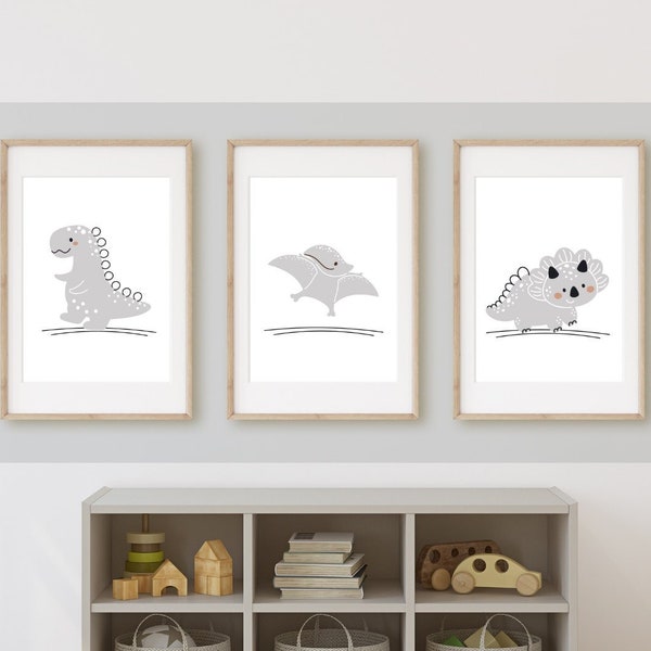 Neutral Grey Dinosaur Wall Art, Digital Download, Set of 3 Prints, Baby Boy Girl Dino Nursery, Happy Animal Kids Design, Prehistoric Species