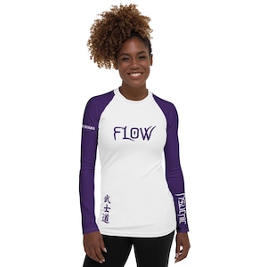 FLOW Women&#39;s Ranked BJJ Rash Guard for Purple Belts | Nogi Grappling