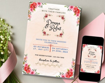 DIGITAL Wildflowers WEDDING INVITATION, Boho Floral Invite Templates, Elegant Flower Invites, Editable Template,  instant download