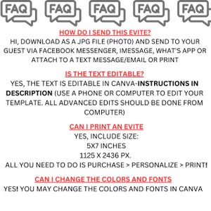Pu&ograve; includere: Una grafica digitale con il testo "FAQ" in una bolla di dialogo. La grafica fornisce istruzioni su come inviare, modificare e stampare un invito. L'invito &egrave; di 5x7 pollici e di 1125 x 2436 pixel.