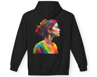 Sudadera con capucha y retrato a color / Estilo urbano / Sudadera artística arcoíris / Diseño abstracto femenino / Regalo estético creativo / Sudadera con capucha de arte colorido