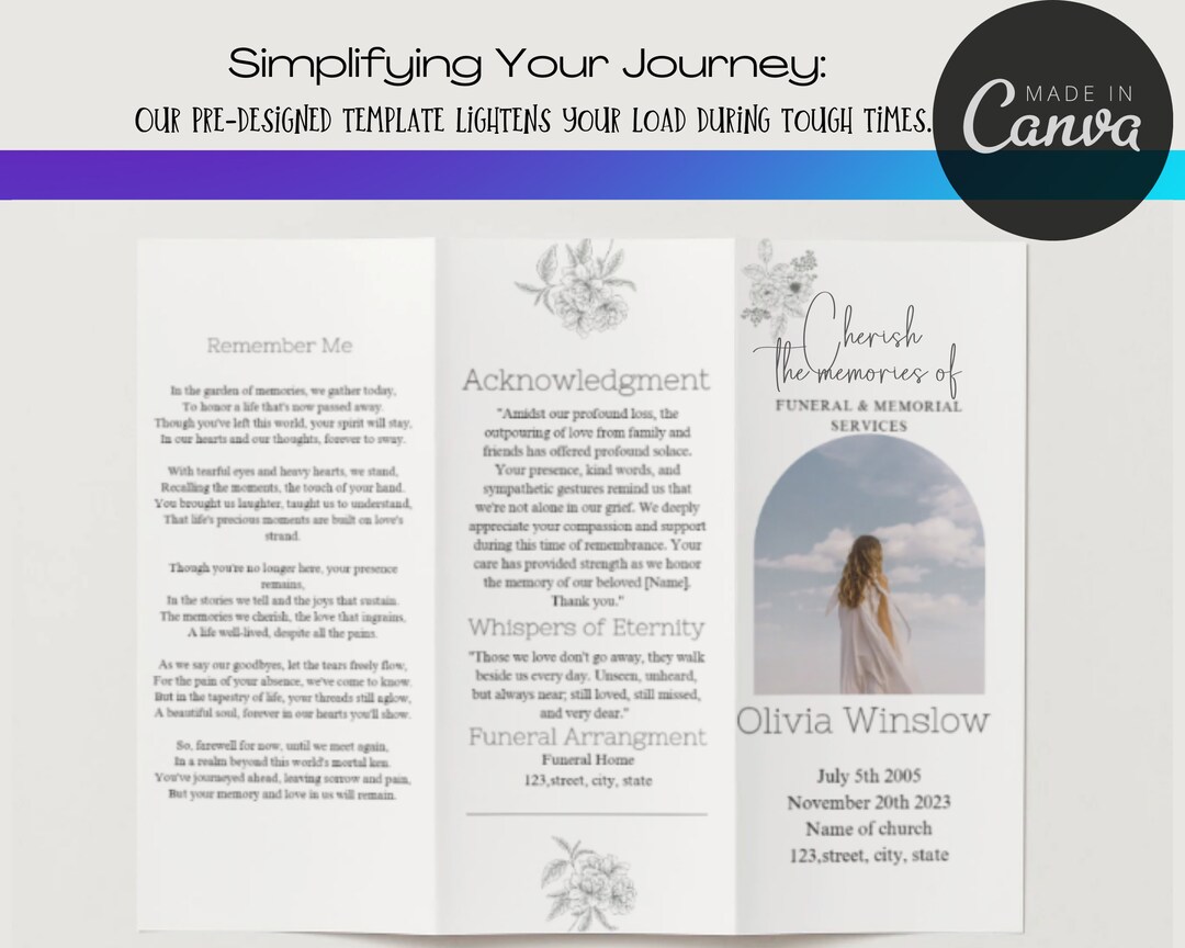 Modern Funeral Program Printable Canva Templatewhite Etsy