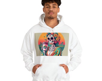 Unisex Dia De Los Muertos Piękna Katrina Szkielet Pijąca Kawę, Halloween design Meksykańska sztuka bluza z kapturem - Fajna zabawna sztuka szkieletu