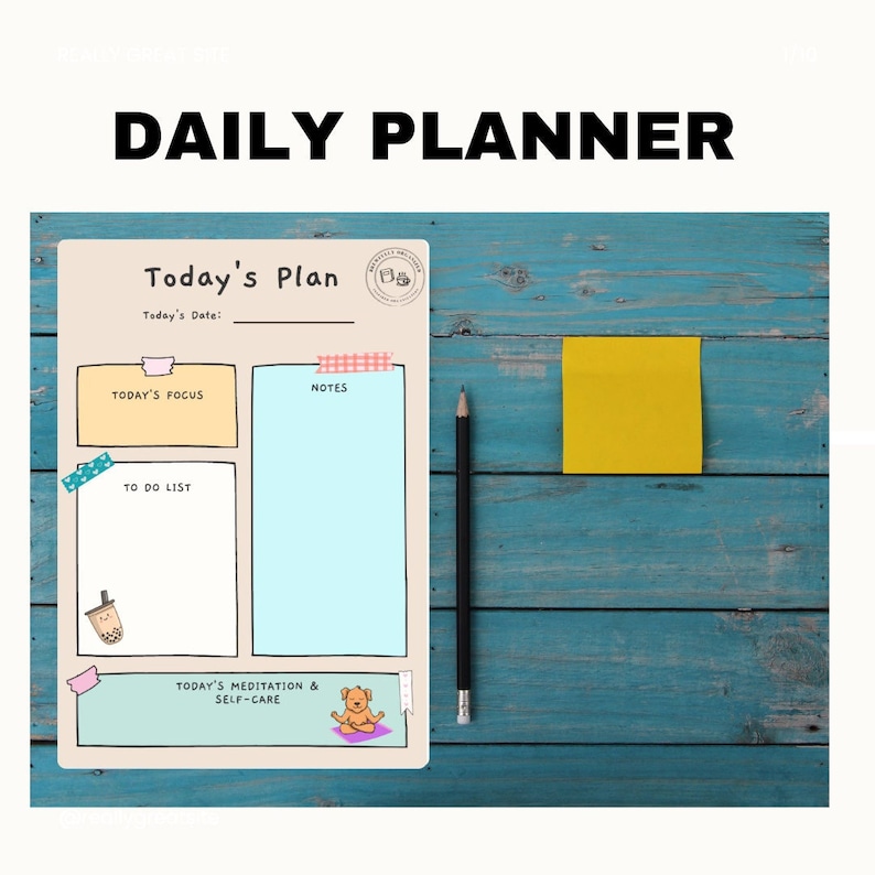 May include: A beige daily planner with a light blue and yellow background. The planner has sections for today's focus, to do list, notes, and today's meditation and self-care. The planner has a cute cartoon bubble tea and a meditating bear.