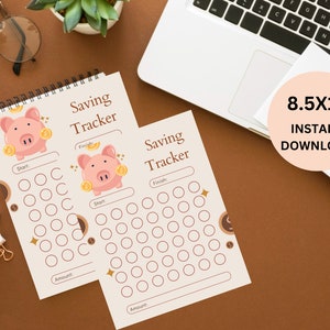 May include: Two printable 8.5x11 inch saving trackers with a piggy bank design. Each tracker has a start and finish line with circles to color in as you save. The text "Saving Tracker" is at the top of each page.