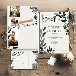 Bewerkbare minimale eucalyptus bruiloftsuitnodigingen, RSVP en welkomstbord - Bloemenhuwelijkskaart met QR - DIY Custom Wedding Save the Dates