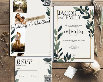 Editable Minimal Eucalyptus Wedding Invites, RSVP, and Welcome Sign - Floral Marriage Card with QR - DIY Custom Wedding Save the Dates