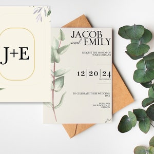 Bewerkbare minimale eucalyptus huwelijksuitnodigingen - bloemenhuwelijkskaart - DIY aangepaste bruiloft Save the Dates - bruidsdouche - gratis welkomstbord!