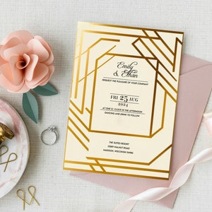 幾何学的なミニマルな結婚式招待状 - Corjl でオンライン編集 - 即時ダウンロード、DIY