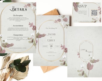 Personalized Vintage Minimal Wedding Invites, RSVP, and Details Display - Wedding Card Template Design - DIY Editable Save the Dates