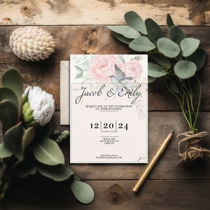 Simple Wedding Invitation with Pastel Botanical Flowers - Chic Wedding Invite Printing - Save the Date Custom Design - Instant Download DIY