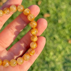 Natural Golden Rutilated Quartz Bracelet 8mm Beads | Premium Plate-Like Rutile Crystal Wealth & Luck Jewelry 185mm