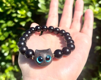 Natural Aromatic Black Ebony Wood Bracelet Meditation Beads With 1pc Of Black Cat Head Blue Eye