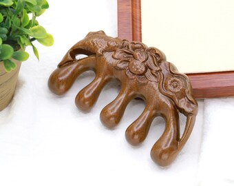 Natural Sandalwood Massage Comb with Exquisitely Carved Lotus And Fish Scalp Massage Comb