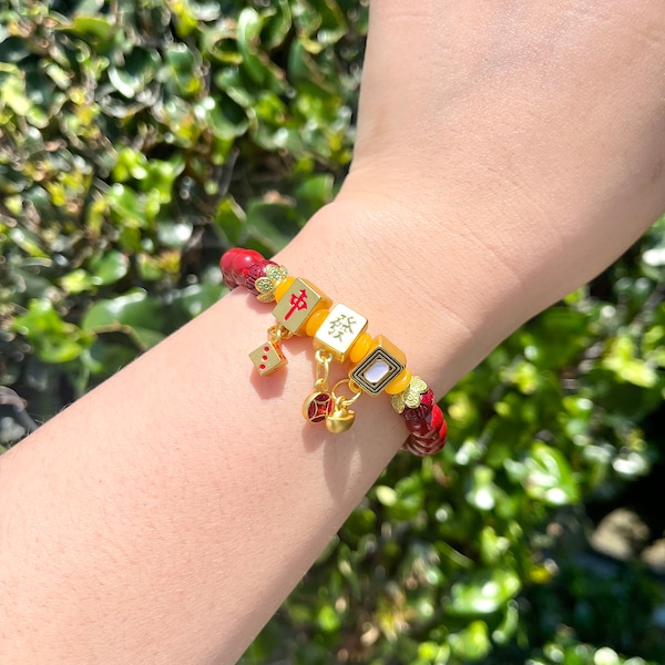 Natural Cinnabar Bracelet With Gold Plated Copper Mahjong Design Charm Designer Bracelet Lucky Bracelet