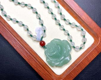 Hand-sculptured Rose Flower Pendant Natural Green Aventurine With Handmade Bead Chain