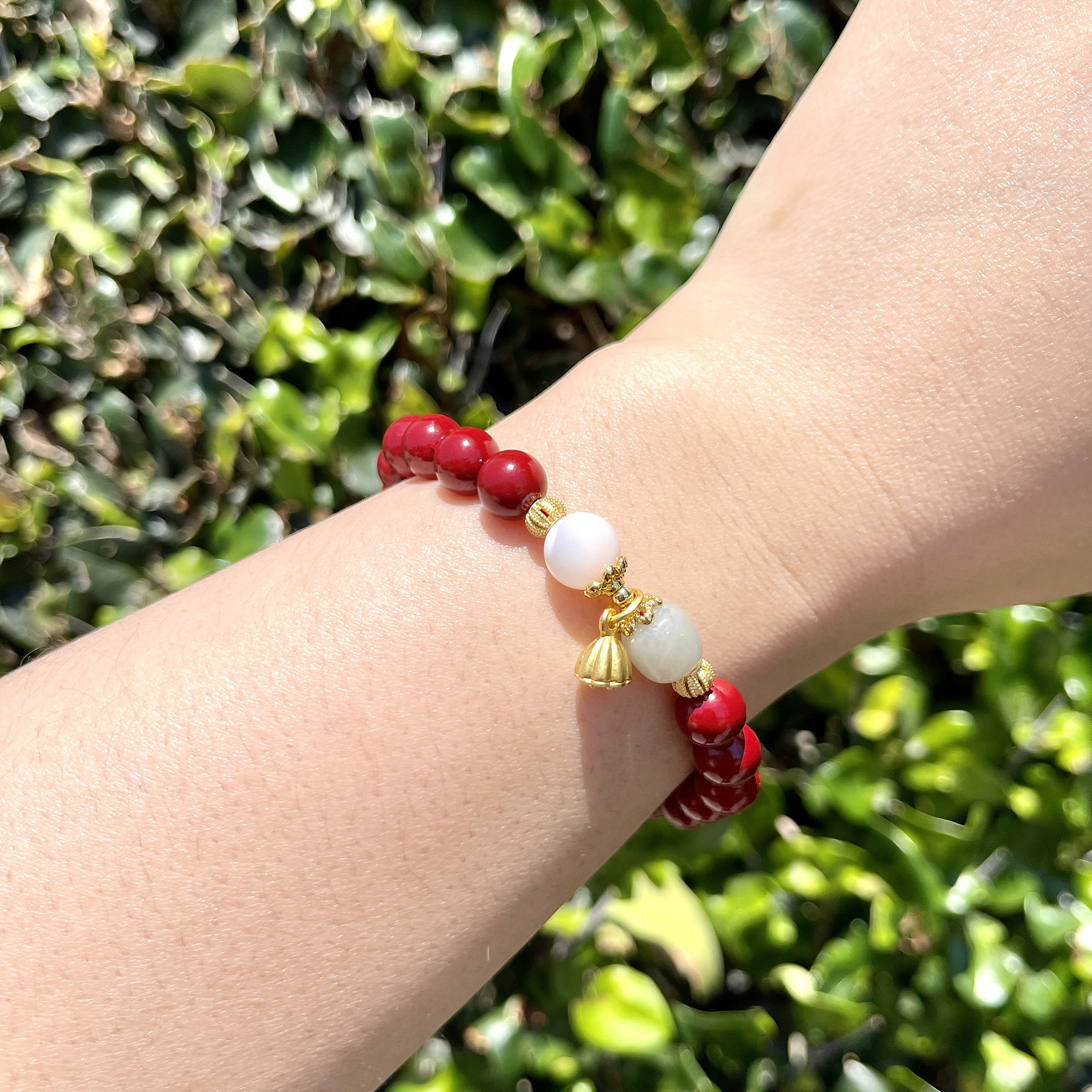 Cinnabar Bracelet: Mother of Pearl, Green Quartzite Jade, Lotus