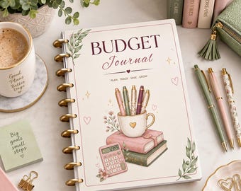 Op de afbeelding: Een budgetjournaal met schijfbinding en een crèmekleurige kaft met de tekst BUDGET Journal, PLAN TRACK SAVE GROW, en een illustratie van pennen in een mok, gestapelde boeken en een rekenmachine. Het journaal heeft goudkleurige schijven en bloemaccenten.