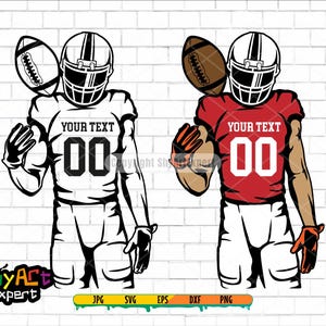 Puede incluir: Dos ilustraciones en blanco y negro de jugadores de fútbol americano. Ambos jugadores llevan cascos y camisetas con el texto "YOUR TEXT 00" en la parte delantera. Un jugador lleva una camiseta blanca y el otro una camiseta roja.