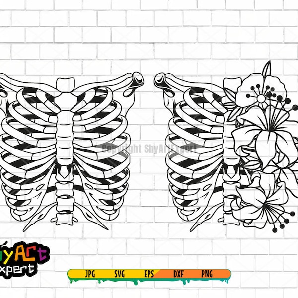 Ribcage With floral SVG file, rib cage png, skeleton svg, rib cage clipart, dxf jpg, floral svg, digital download