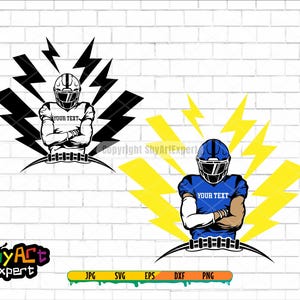 May include: Black and white illustration of a football player wearing a helmet and jersey with lightning bolts behind him. The text "YOUR TEXT" is on the jersey.