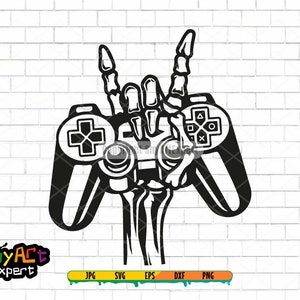 May include: Black and white illustration of a skeleton hand holding a video game controller. The hand is making the rock and roll hand gesture.
